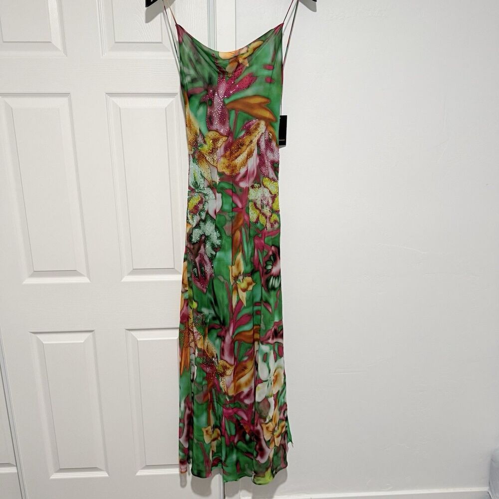 THE ANDAMANE Isabelle Green Dress in Floral Print With Crystals Sz 42 - Picture 7 of 16